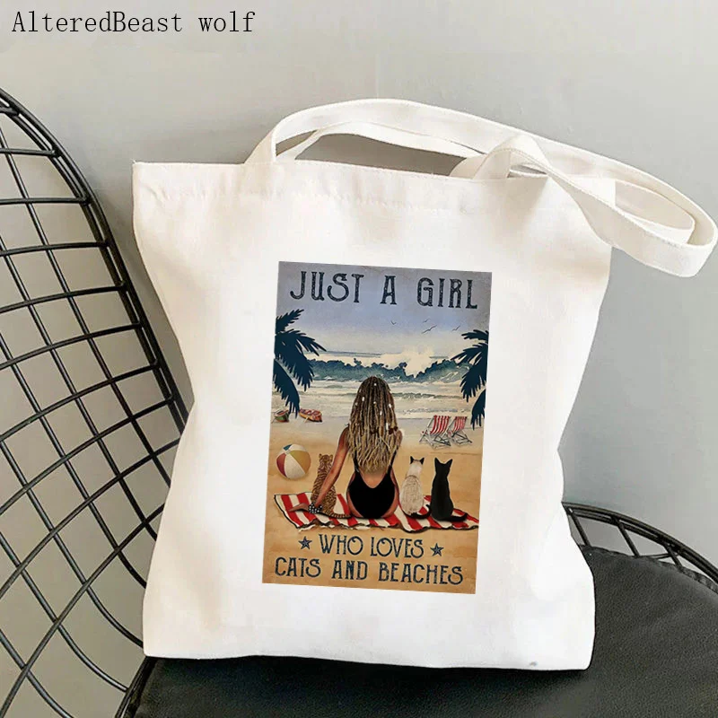 Women Shopper bag Girl love cats and beach Kawaii Bag Harajuku Shopping Canvas Shopper Bag girl handbag Tote Shoulder Lady Bag