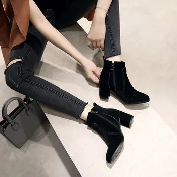 

Oversized Ma'am Coarse heel Short boots Pure color Side zipper Boot barrel Suede high-heeled boots