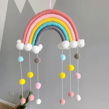 

Children Nursey Room Handmade Cotton Woven Rainbow Cloud With PomPom Balls Wall Hanging Decoratiove Ornament Supplies