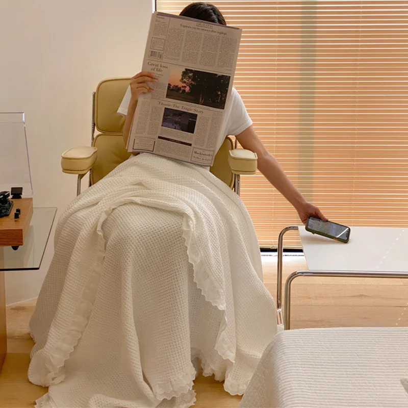 

Хлопковое вафельное тисненое одеяло с кружевом в клетку, белое, розовое декоративное одеяло в скандинавском стиле, одеяло для дивана, отдыха, путешествий, ТВ, шаль для сна