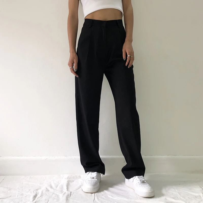 2021 Fashion Straight Suit Women Pants High Waist Casual Office Lady Pants Full Length Wide Leg Loose  Female Black Mom Trousers 2