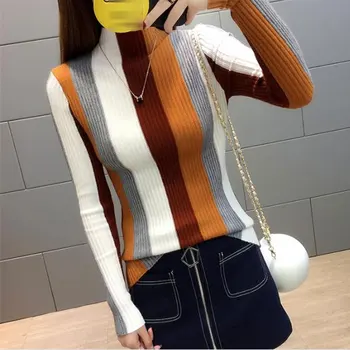 

Rainbow Stripe Sweater Contrast Knitted Pullover 2020 Long Sleeve Turtleneck Knitwear Fashion Slim Women Jumper