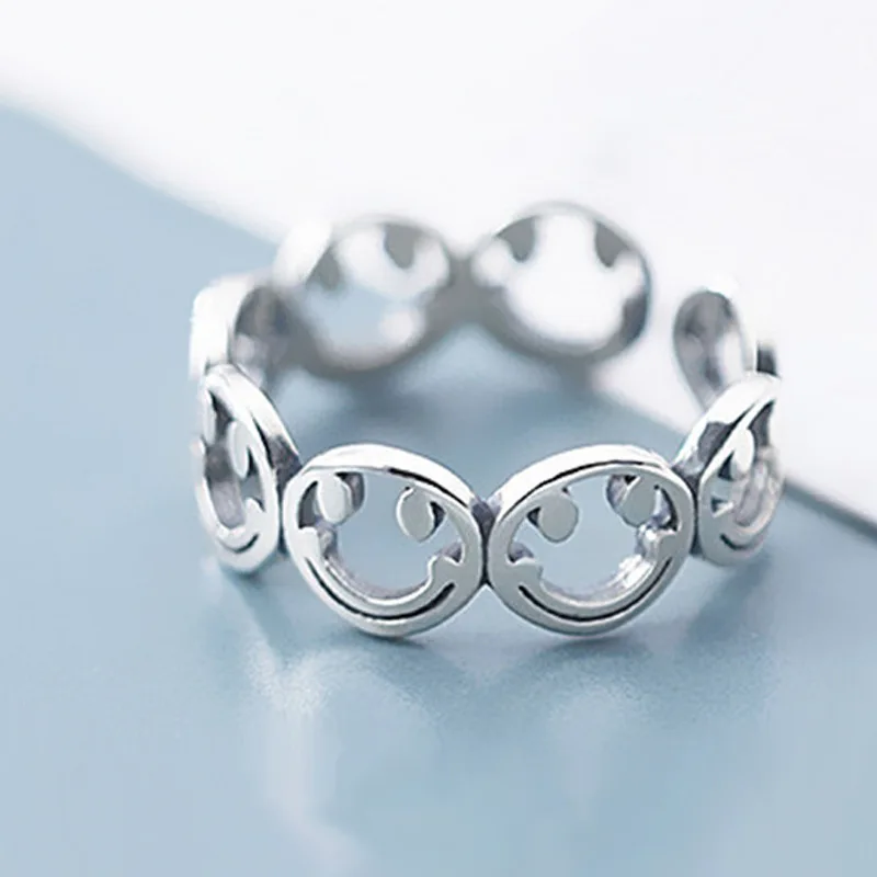 Anillo de dedo con carita sonriente para mujer, sortija con carita sonriente, apertura de tamaño variable, joyería, anillo ajustable abierto