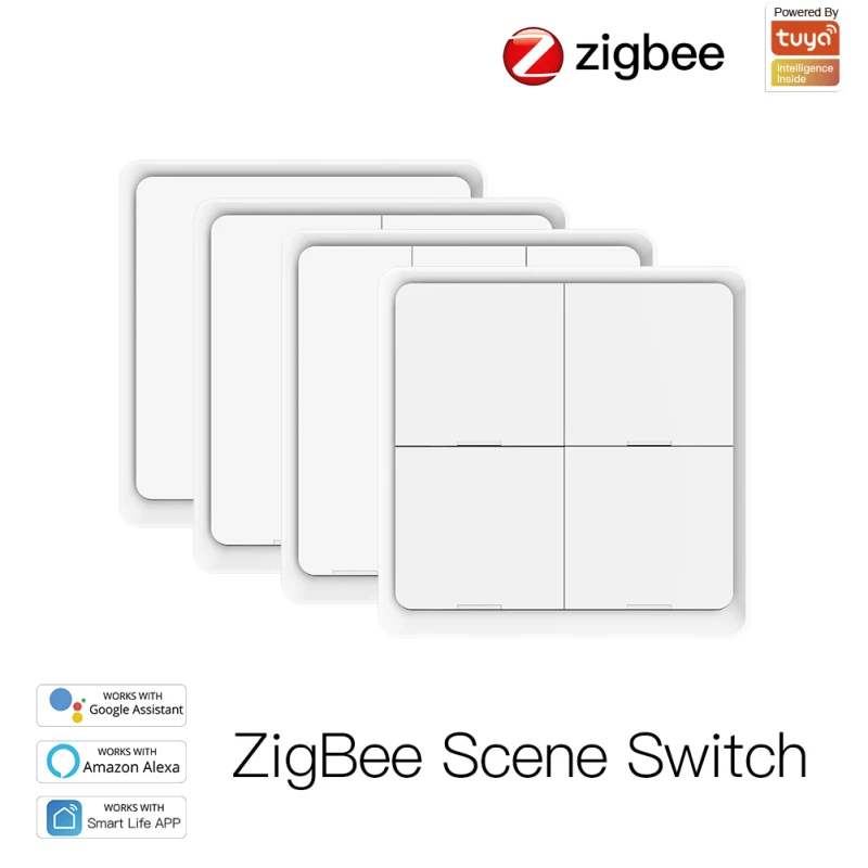 Smart Wireless Button Switch Tuya Zigbee Free Sticker 4 Way Panel Scene Switch Battery Powered Diy Smart Home Wall Light Switch Automation Scenario For Tuya Devices Work With Zigbee Hub Wall Light Switches Tools Home Improvement