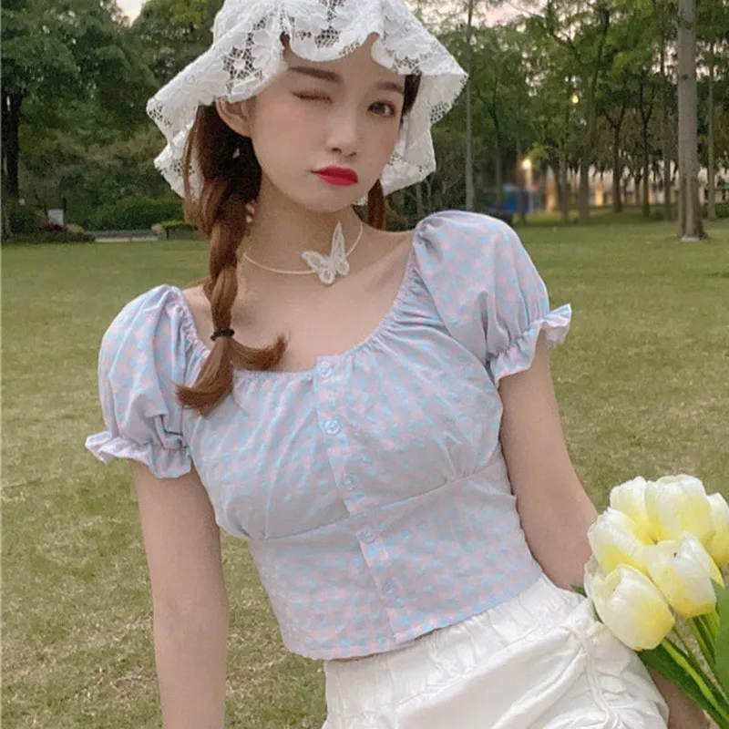 

2020 Women's Simple Plaid Print Square Collar Puff Sleeve Short Blouse Shirts