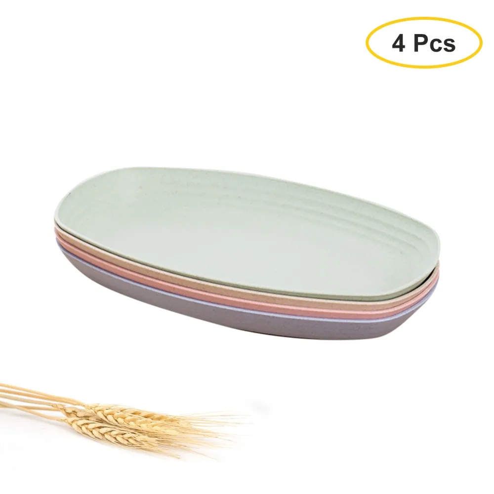 Long plate11x4pc Wheat Straw Plastic Plates Dinnerware Set/Reusable-Unbreakable Dinner Plate/Eco Friendly-Dishwasher & Microwave Safe BPA Free And Healthy Cereal Dishes/Kids-toddler & Adult 