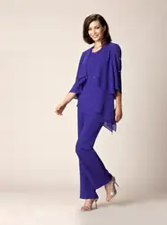 Purple Mother Of The Bride Pant Suits Summer Formal evening gown mother of the bride dresses Scoop Neck flutter sleeve Crystal
