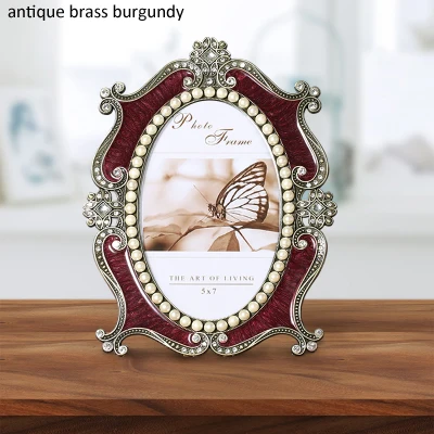 brass burgundy Античная латунь с синим вручную эмалированным и белым жемчугом, украшенным камнями, 5x7 дюймов, овальная настольная фоторамка из металлического сплава - Цвет: brass burgundy