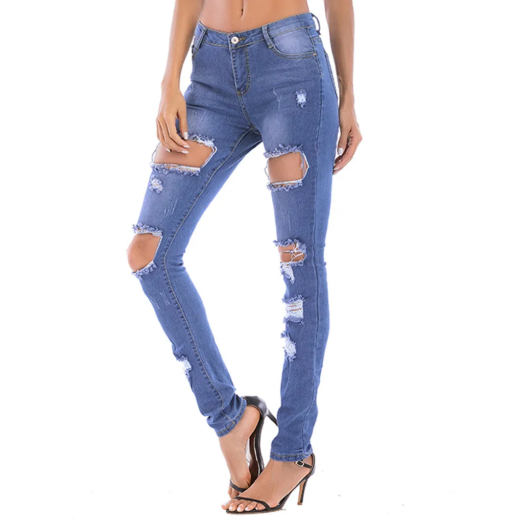Fashion Womens Button Ripped Zipper Pocket Trousers Jeans Casual Denim Pants W1104