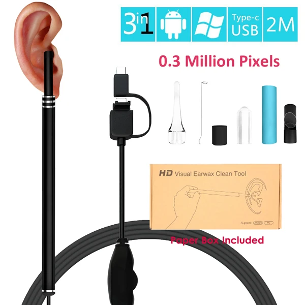 0.3MP Black Эндоскоп для чистки ушей 3 в 1 USB HD визуальная Ушная ложка 5,5 мм мини-камера Android PC ушной отоскоп бороскоп инструмент для ухода за здоровьем - Цвет: 0.3MP Black