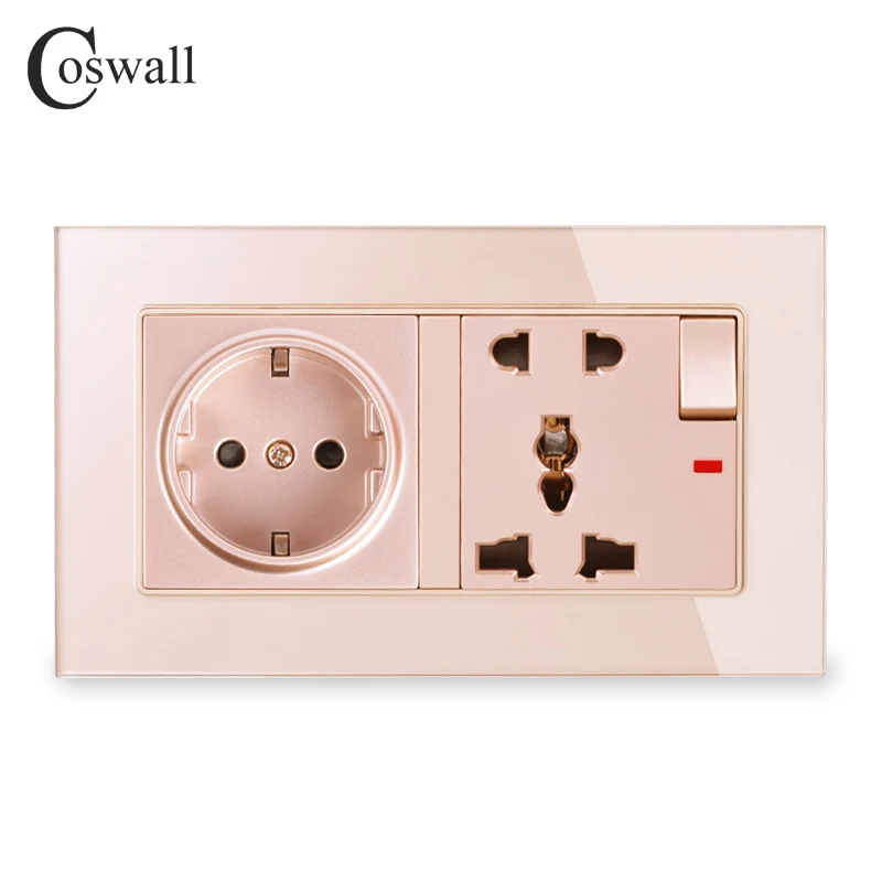COSWALL настенное Хрустальное стекло панель 16A ЕС розетка+ 13A универсальное переключаемое гнездо с неоновым заземлением с детская защита для двери