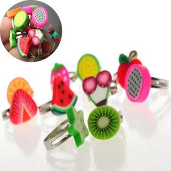 

10Pcs/lot Adjustable Cartoon Polymer Clay Fruit Rings For Girls Dress Up Accessories Party Kids Toy Random Color