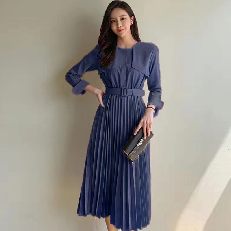 Blue H Han queen/однотонное плиссированное платье длиной до щиколотки, женские зимние повседневные приталенные платья OL, новинка, ТРАПЕЦИЕВИДНОЕ ПЛАТЬЕ С Поясом - Цвет: Blue