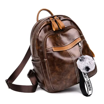 

Kmuysl new fashion simple leather bag waterproof women's leisure backpack plush hanging decoration backpack