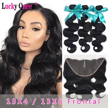 

Lucky Queen Hair Brazilian Body Wave Bundles With Frontal Non-Remy 100 % Human Hair Bundles Wave with 13x6 Frontal Pre Plucked