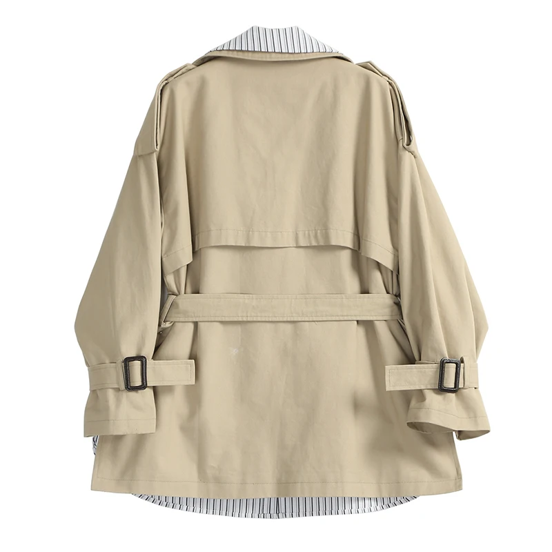 Finest  [EAM] Loose Fit Striped Waistbelt Two False Piece Suit Jacket New Lapel Long Sleeve Women Coat Fash