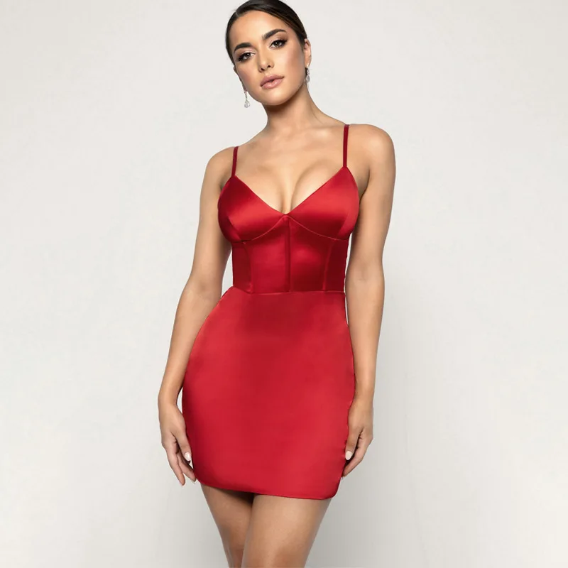 

New Formal Dress Women Elegant Sexy V-neck Corset Spaghetti Strap Off Shoulder Party Dress Satin Backless Satin Bandage Dress