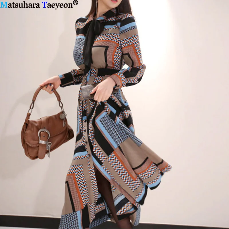 2019 Autumn Vintage Print Elegant Long Dress Women Single-breasted Shirt Dresses Waist Swing Ankle-length Vestidos long dress | Женская