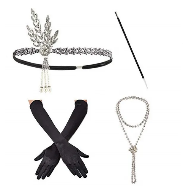 1920 s, костюм для вечеринки "ГРЕЙТ Гэтсби", аксессуары, костюм, 20 s, стразы, повязка на голову, жемчужное ожерелье, перчатки, дымчатый стержень, комплект из 4 предметов