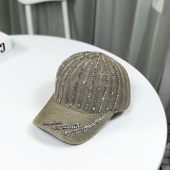 

Summer Hat Women's Hollow Out Breathable Knitted Diamond Inlaid Baseball Cap Sunscreen Sun Visor Girl's Fashion Outdoor Khaki