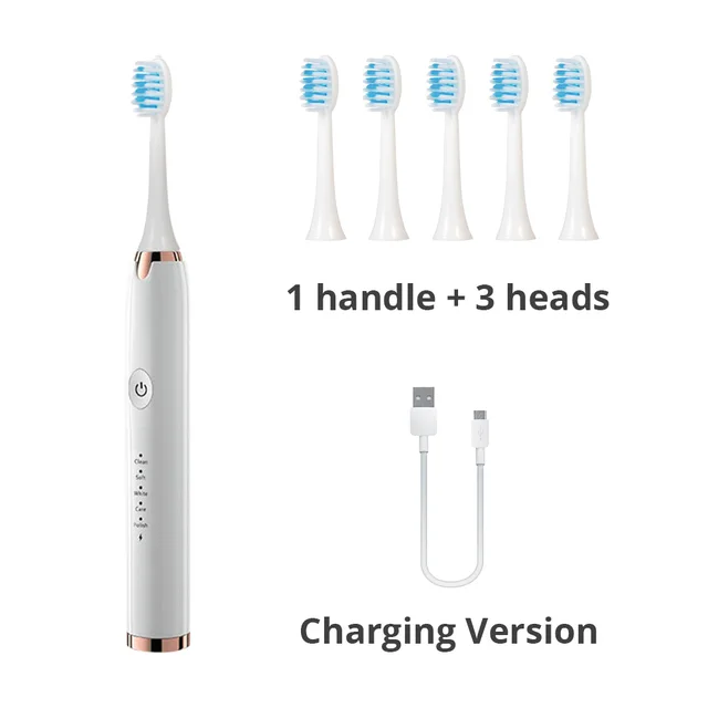 Ultrasonic Electric Toothbrush Wireless Charging for Adult IPX7 Waterproof Replacement Heads Whitening Teeth Timer Smart Brush 6 Heads WH Charging
