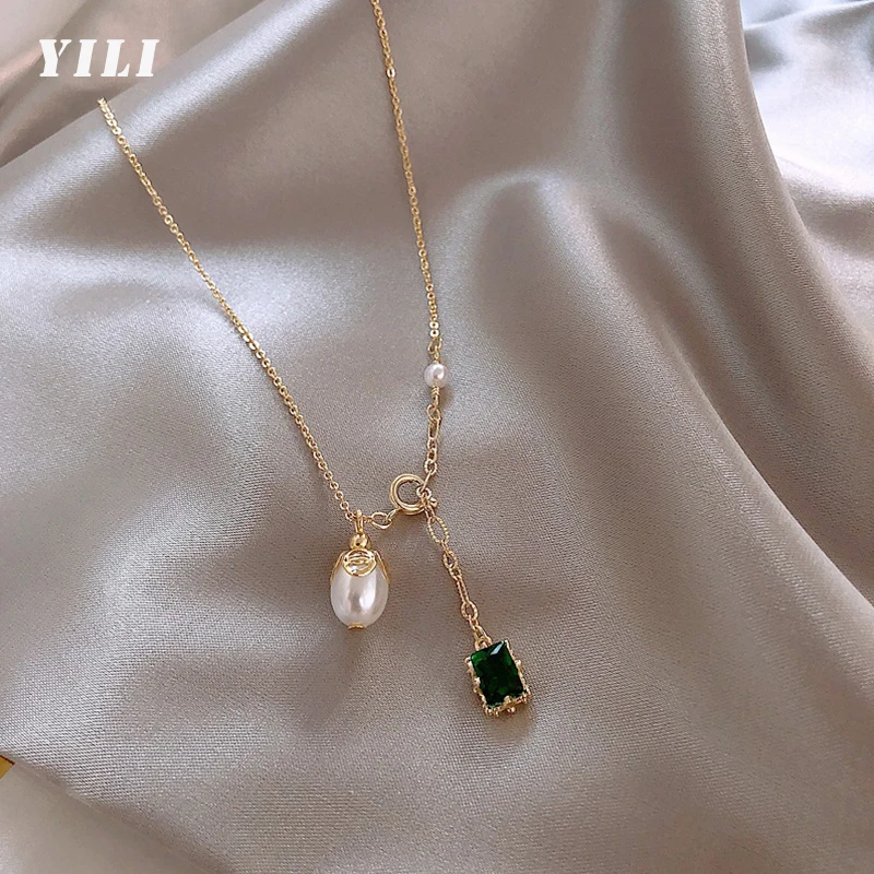 2021 Korean Baroque Pearl Pendant Necklace Fashion Green Crystal for Women Sexy Girl's Clavicle Chain Jewelry | Украшения и