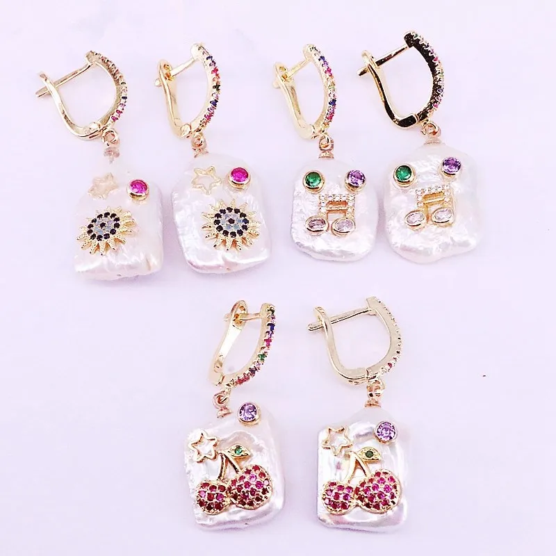 4 paires arc-en-ciel CZ de mode микро паве arc-en-ciel природа perle d'eau douce или charme boucles d'oreilles pour les femmes