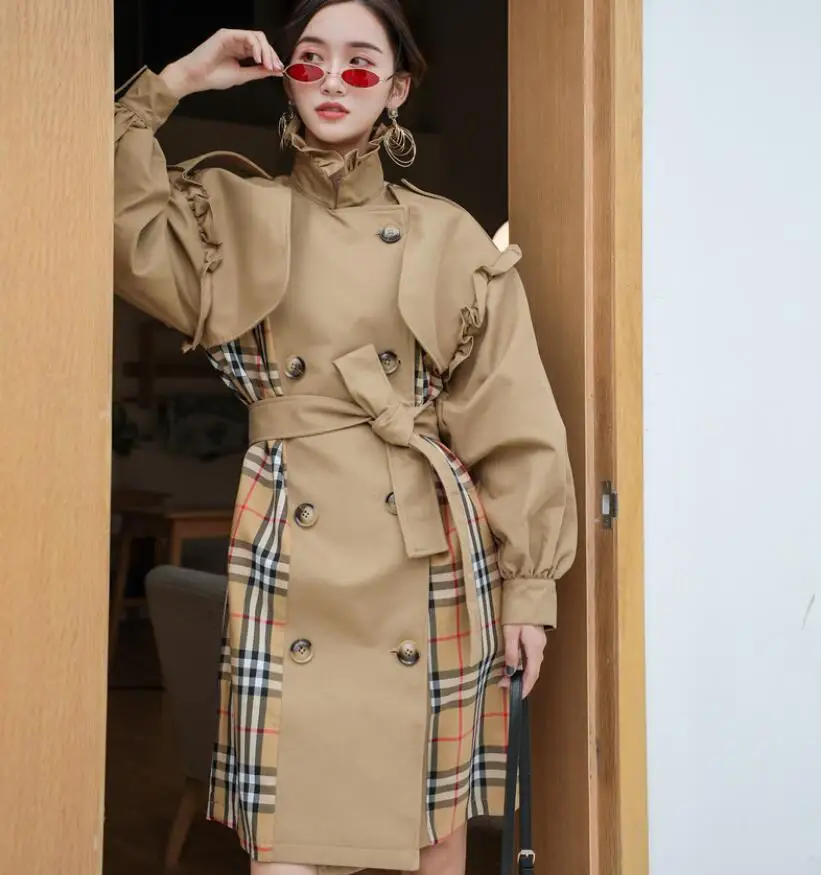 

Autumn and Winter New Double Row Buckle Trench Coat For Women Bubble Cuff Pattern Medium Long Coat