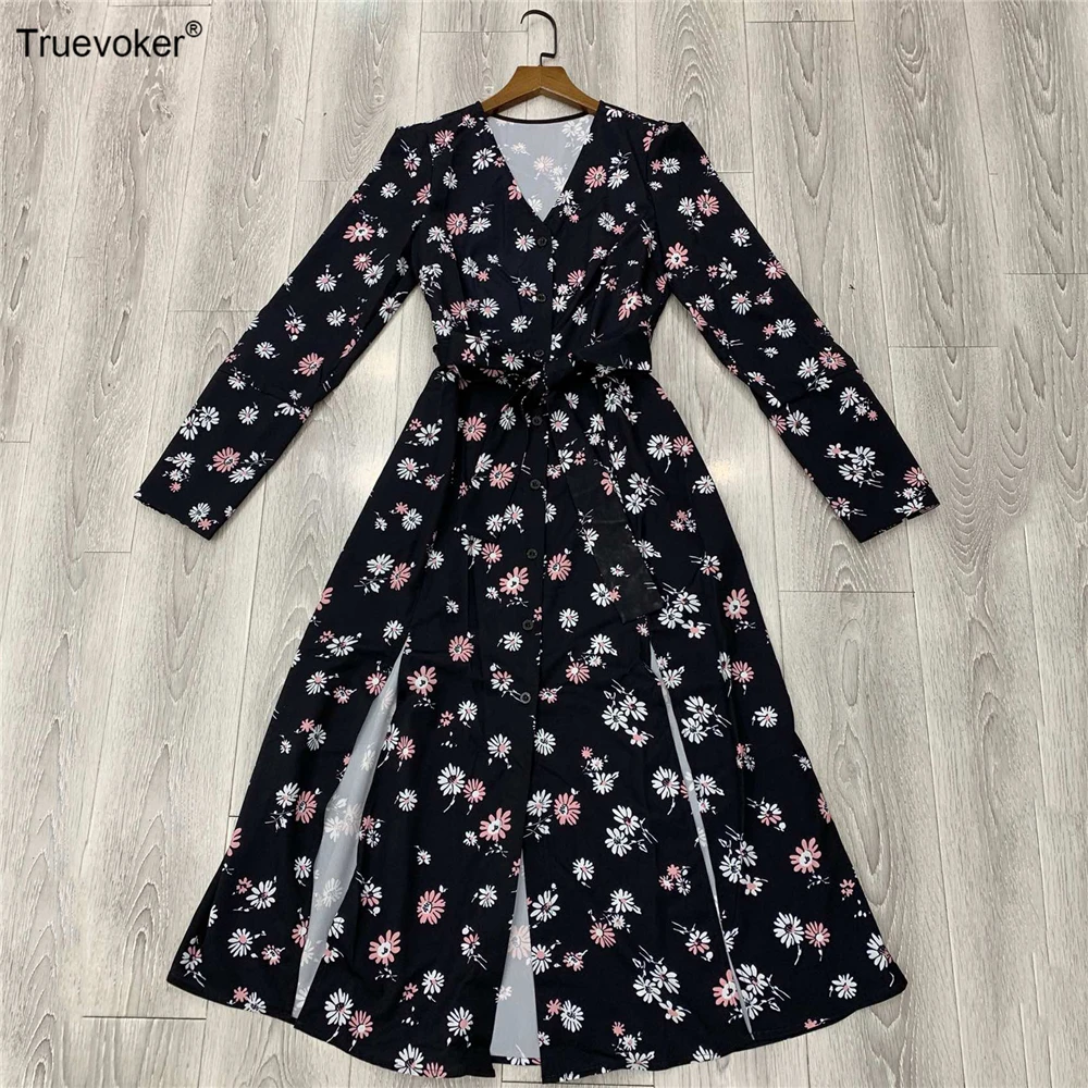 

Truevoker Autumn Designer Runway Holiday Dress Women's High Street Long Sleeve Black Flower Printed High Split Resort Vestidoes