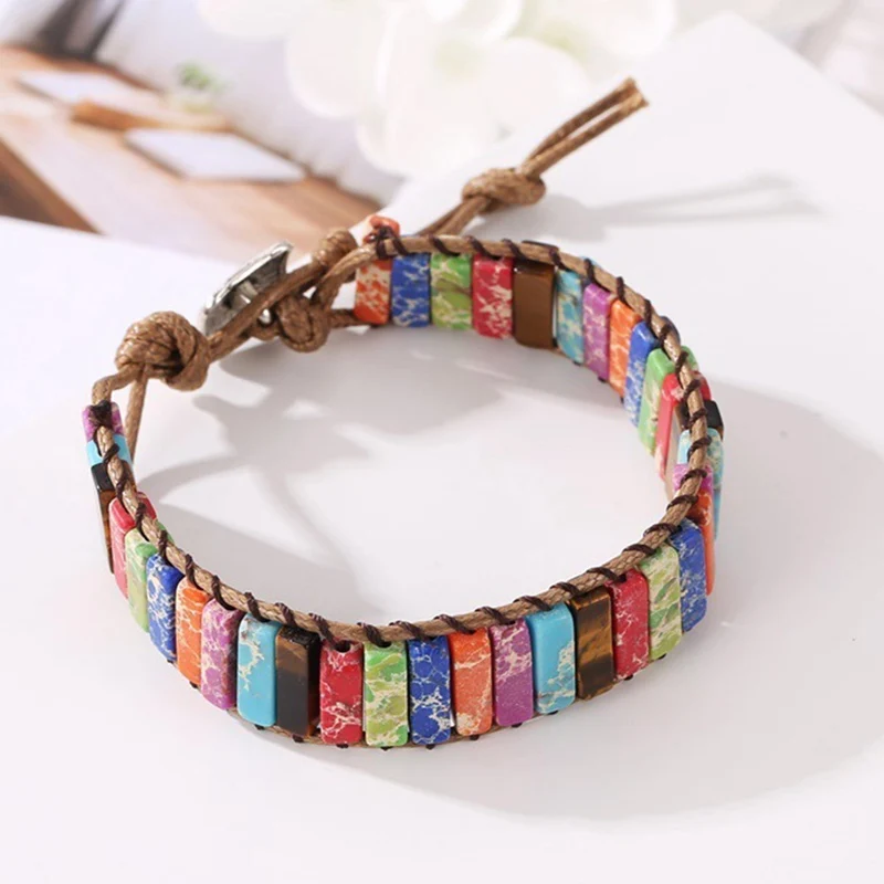 Chakra Bracelet Jewelry Handmade Multi Color Natural Stone Tube Beads Leather Wrap Couples Bracelets Creative Gifts