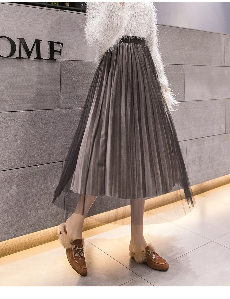 Korean Vintage Winter Tulle Skirts Elastic Waist Patchwork Pleuche Gauze Long Pleated Tulle Skirts Women Midi Tulle Skirt