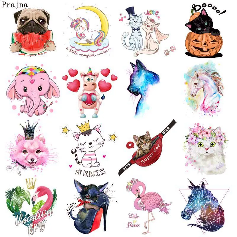 

Prajna Cartoon Animals Unicorn Patch Iron On Transfers Vynil Heat Transfer Cute Cat flamingo Ironing Stickers On Kids T-shirts