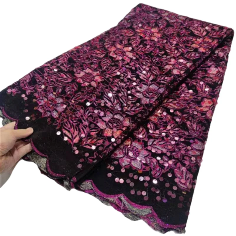 

New Red Velvet Lace Fabric For Dress Latest Nigerian French Tulle Lace Fabric High Quality African Sequin Lace Fabric 5yards