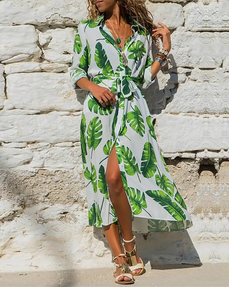 

Linglewei 2019 Summer new European and American women's foreign trade dress print middle sleeve shirt collar lace up dress