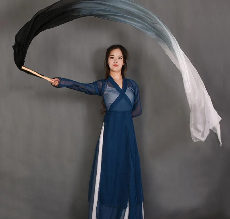 1 Pair 70"x35" Belly Dance Silk Fan Veils White Royal Blue Horizontal Gradient Bamboo Long Fans Veil For Women Kids Wholesale - Цвет: as picture