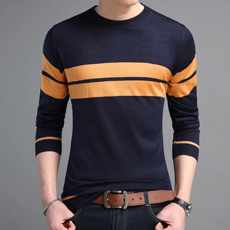 Cheap 2020 Casual Sweater Male O-Neck Striped Slim Fit Knittwear Autumn Mens Sweaters Pullovers Pullover Dress for Men M-3XL