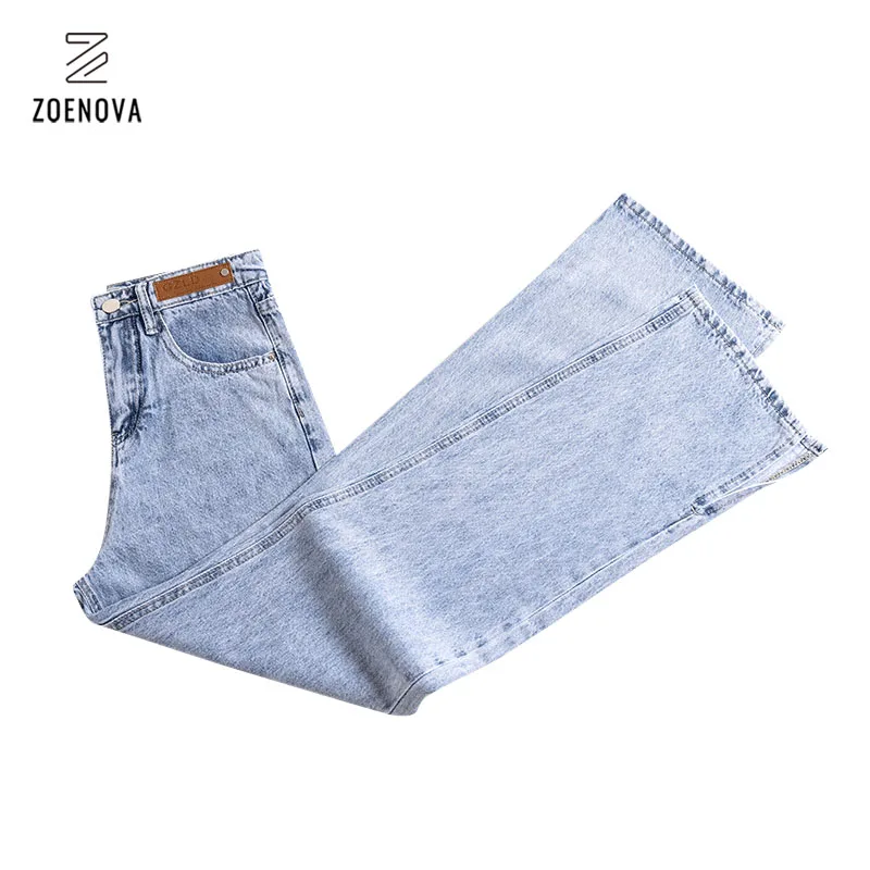 ZOENOVA High Waist Slit Of Design Ladies Jeans 2000s Aesthetic Fashion Pants Basic Light Blue  Quality Cotton Trousers For Women