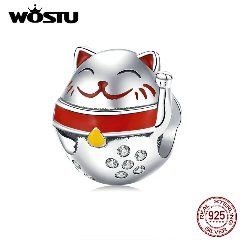 WOSTU 925 стерлингового серебра Maneki Neko бусины Циркон прекрасный кот амулеты подходят