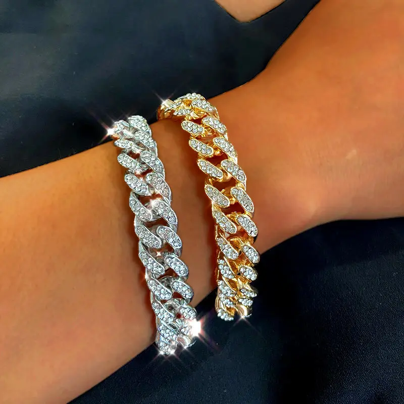 New Fashion Luxury 12mm Iced Out Cuban Link Chain Bracelet for Women Men Gold Silver Color Bling Rhinestone Bracelet Jewelry