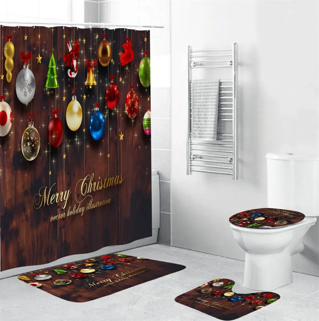 4Pcs Christmas shower Curtain Bathroom Anti-slip Carpet Rug Toilet Cover Mat Set Mat in Door mat Christmas Santa Claus Mat
