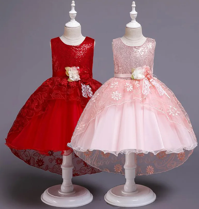

Girls Bling Sequin Lace Dress Children's Trailing Stage Party Dress Flower Costumes Princess Frocks For 6 8 10 12 14 Years