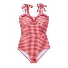 Женский купальник, купальник, цельный костюм с поясом, на шнуровке, с рюшами, красный, в клетку, летний, сексуальный, милый, пляжный, Y0004