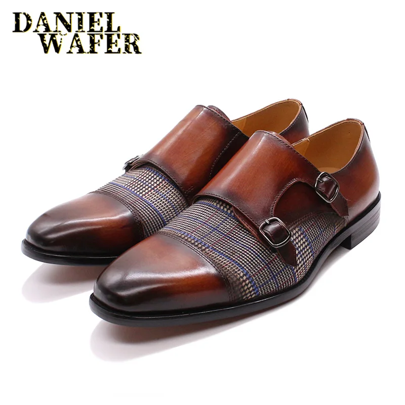 Luxury Men's Loafers Patchwork Plaids Cloth Double Monk Strap Slip On Cap Toe Brown Black For Men Casual Dress Leather Shoes Men