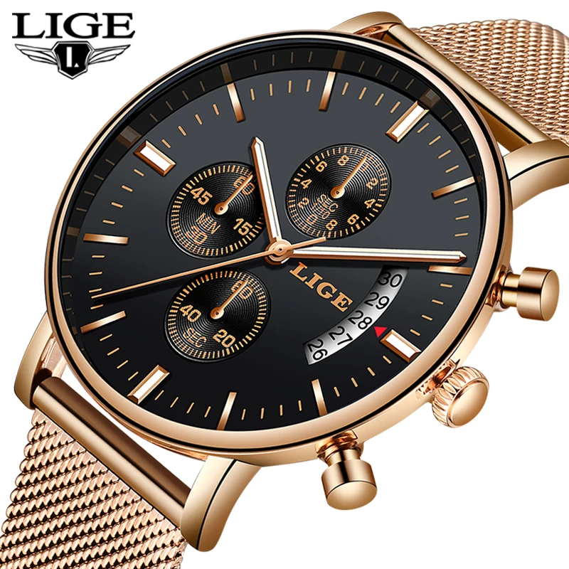 

LIGE 2019 New Fashion Casual Mesh Belt Quartz Gold Watch Womens Watches Top Brand Luxury Date Waterproof Clock Relogio Masculino