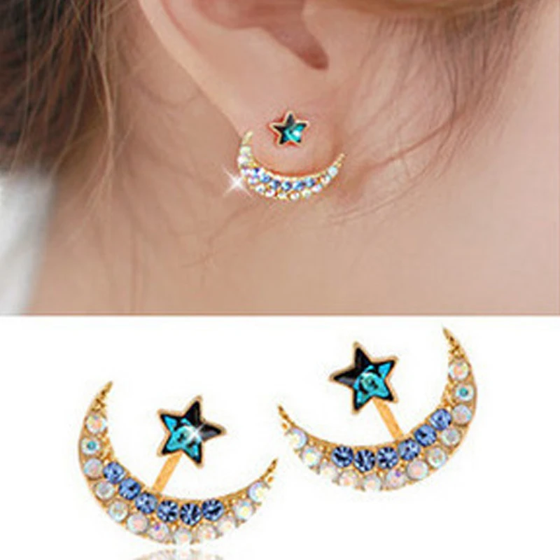

Shiny Full Rhinestones Crystal Stud Earrings Fashion Moon Star Double Sided Earrings For Women Girls Statement Ear Jewelry