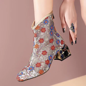 

Transparent High Heel Boots Women Summer 2020 Sexy Mesh Front Zipper Boots Square Heel Short Booties for Women Zapatos De Mujer