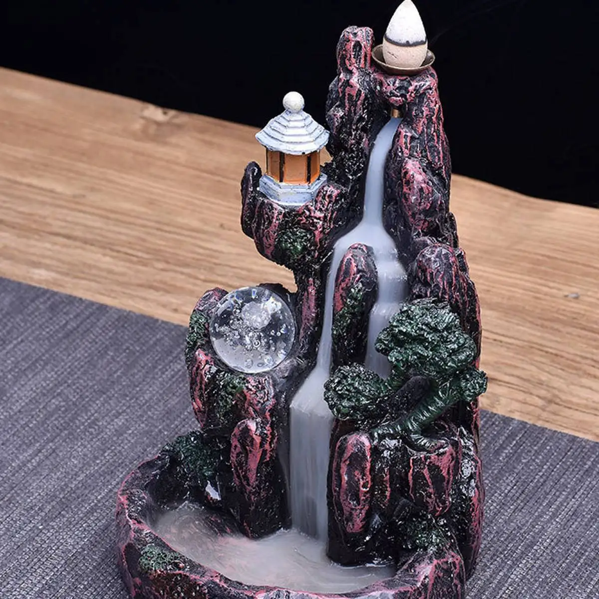 LED Waterfall Backflow Resin Incense Burner Glowing Ball Home Incense Holder Table Ornament