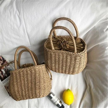 

Women Straw Drawstring Shopping Bag Woven Storage Bags Rattan Shoulder Bamboo Casual Handbag Wicker Handmade Basket