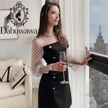 

Dabuwawa Elegant Womens Dresses Double Breasted Vintage Sexy Mesh Sleeve Dot Print A-Line Slim Fitted Dress Female DT1ADR043