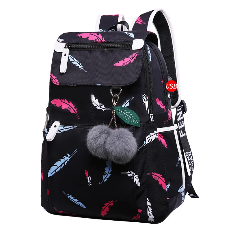 Feather black Childrens School Backpack Women Bag Laptop Anti Theft Backpack Schoolbag Womens Backpacks Female School Bags for Teenage Girls - Цвет: Feather black